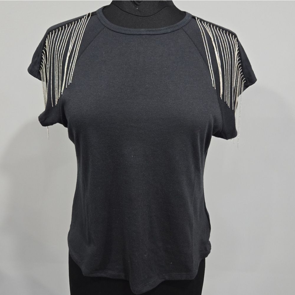 🐢 Rebecca Minkoff Black Heavy Metal Fringe Shirt. Size M.
